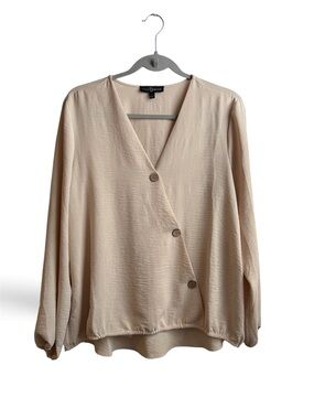 Fred David Neutral Beige Decorative Button-Front Wrap Blouse